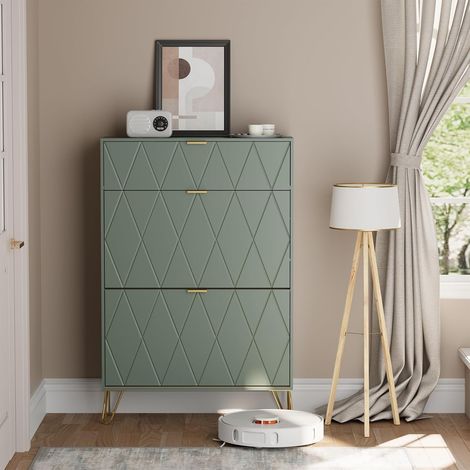UEV Armoire à Chaussure Inclinable, Meuble à Chaussures pour 16 Paires, 3 Compartiments (2 Rangements Chaussure+1 Étagère Caché) (80 x 24 x 120 cm, Vert) (1/5)