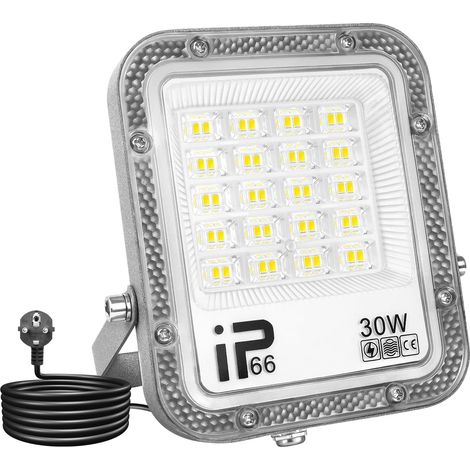 Projecteurs LED d'extérieur 30 W 3000 lm, lumières de sécurité LED 6000 K, blanc froid, lampe de travail IP66 étanche pour jardin, garage, cour, pelouse, cour, atelier, terrasse, câble de 1