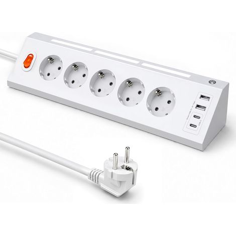 Multiprise d'angle de cuisine, 5 prises avec 2 USB et 2 Type-C, 3680 W/16 A, prise d'angle avec LED, protection contre les surtensions, peu encombrant, pour la maison, le bureau, la cuisine, montage (1/5)