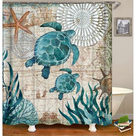 Rideau de douche tortue de mer, bleu turquoise océan, motif tortue de mer, style plage, en tissu, amusant, pour salle de bain, style bohème, imperméable, décoration printanière, 165 x 180 cm (1/5)