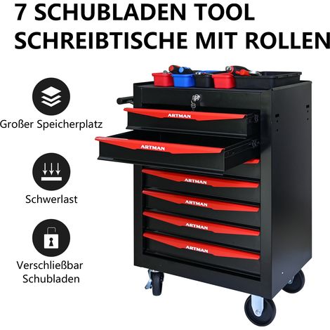 Coffre à outils métallique roulant 7 tiroirs, armoire à outils à tiroirs à roulements à billes, boîte de rangement en acier organisateur Noir & Rouge