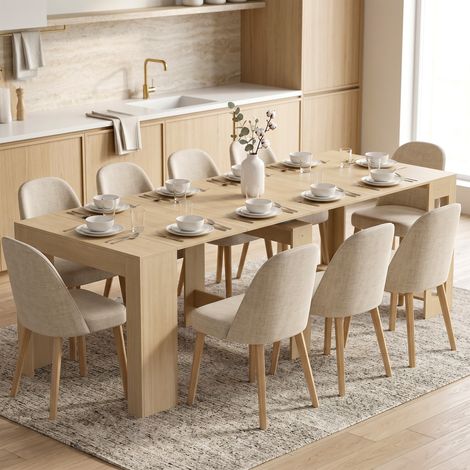 Table à manger extensible pour petits espaces, transformable en console, places assises pour 10 personnes, aspect bois brun clair (1/5)