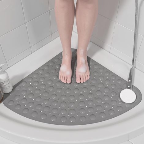 Rutschfeste Eckduschmatte – 65 x 65 cm Eckduschmatte für die Dusche im Innenbereich, rutschfeste Duschmatte, Eckduschmatte mit Saugnapf, grau