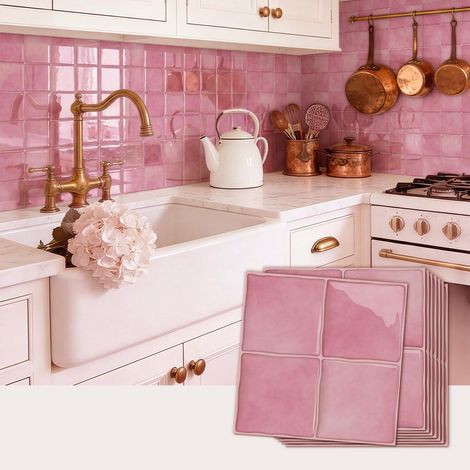 Lote de 10 pegatinas murales 3D autoadhesivas (15 x 15 cm), impermeables y fáciles de pegar, para la cocina y el baño. Color: rosa. (1/5)