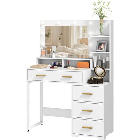 Tavolo da Trucco in Legno con 4 Cassetti, 6 Ripiani Aperti e Specchio, 100x40x138 cm, Bianco (1/5)