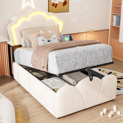 Lit capitonné 90x200 cm avec rangement hydraulique, éclairage LED, compartiments dans la tête de lit, design floral, revêtement velours et prises intégrées, couleur beige (1/5)