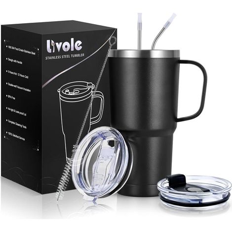 Thermosbecher mit Henkel 600ml, Vakuum Kaffeebecher Edelstahl, Doppelwandig, inkl. Strohhalm & Deckel, Schwarz (1/5)