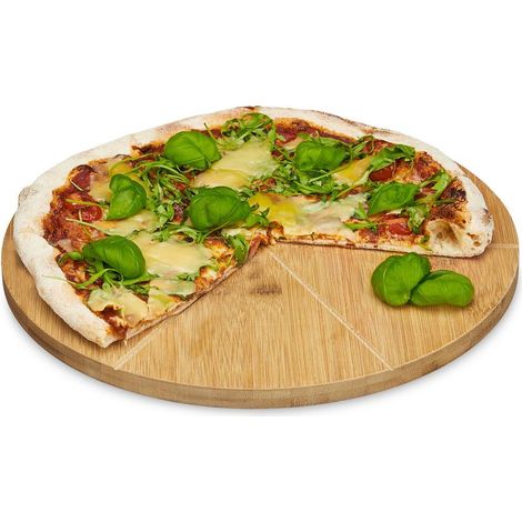 Relaxdays Assiette à pizza bambou assiette présentation plat bois 33 cm diamètre 6 délimitations pour les parts, nature (1/5)