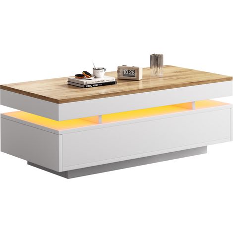 ELVMI Tavolino da Salotto con 2 Cassetti e LED, Finitura Lucida Bianco e Legno, per Soggiorno, 100 x 50 x 35 cm (1/5)