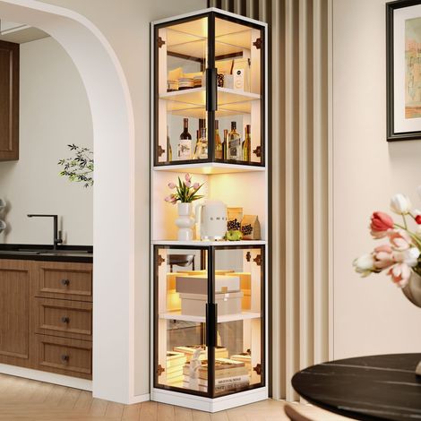Vitrine 205 cm de hauteur - Éclairage LED - 4 portes vitrées - Fond miroir - Rangement ouvert - Panneaux de particules - Blanc (1/5)
