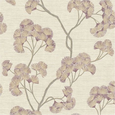 Ginkgo Leaf Wallpaper Cream Purple Grey Textured Vinyl Floral Feature Wall (1/4)