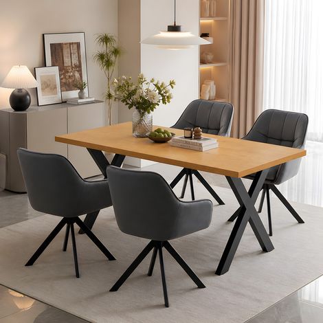 GOEURVANT Conjunto comedor Roble Silvestre y Terciopelo Gris Oscuro, 5 piezas, Mesa industrial con patas X y 4 sillas de comedor giratorias con reposabrazos y cojín extraíble (1/5)