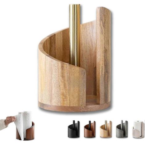 Porte-essuie-tout de comptoir en bois de manguier avec base ronde et support en fer, en bois naturel brun, idéal pour le salon ou la cuisine. (1/5)
