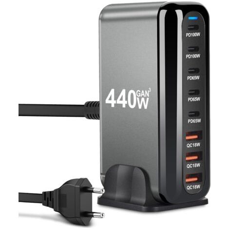 Chargeur USB C 440W 8 Ports, GaN III Station de Charge, USB c Charger avec 5xUSB-C PD + 3xUSB-A QC4.0, Chargeur Rapide pour Phone 16/15/14 Pro Max, Samsung Galaxy, MacBook, Pad, Laptop (1/5)