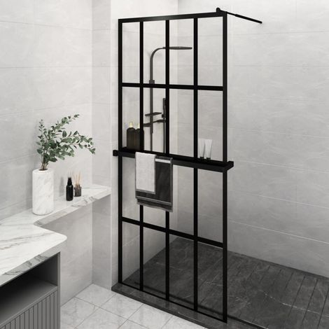 Mampara ducha con estante vidrio ESG y aluminio negro 90x195 cm
