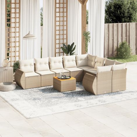 Ensemble Salon Jardin 10 Pièces  Tissé Résine Beige  Table Acacia  Coussins Crème  Modulaire Stockage (1/3)