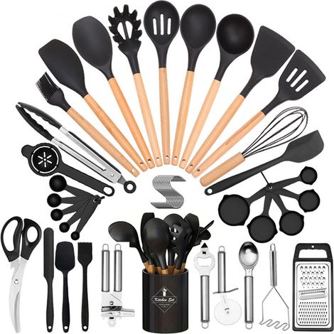 Bardusch-Ensemble d'ustensiles de cuisine en silicone - Ustensiles de cuisine en silicone avec manches en bois sans BPA (noir) (1/5)