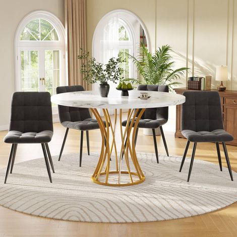 Ensemble repas rond 80cm avec 4 chaises en velours gris, plateau mdf effet marbre blanc et pieds métal dorés (1/5)