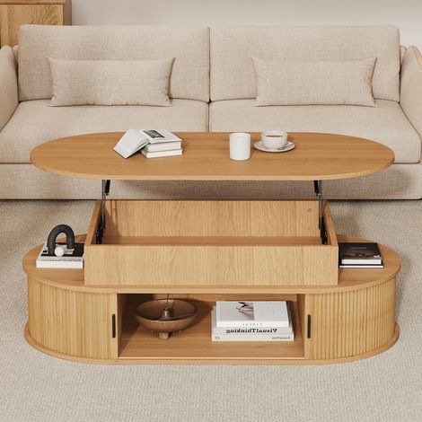 Couchtisch höhenverstellbar 100 x 50 x 40-55 cm - hydraulische hebefunktion mit großem stauraum, schiebetüren im lamellendesign - retro modern - MDF - holzfarbe (1/5)