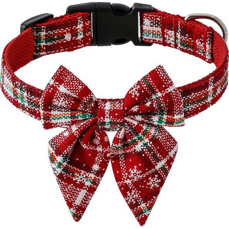 Collier Pour Chien - Motif Noël Flocons De Neige - En Coton Doux Avec Boucle De Sécurité - Réglable - Rouge - 1 Pièce (1/5)