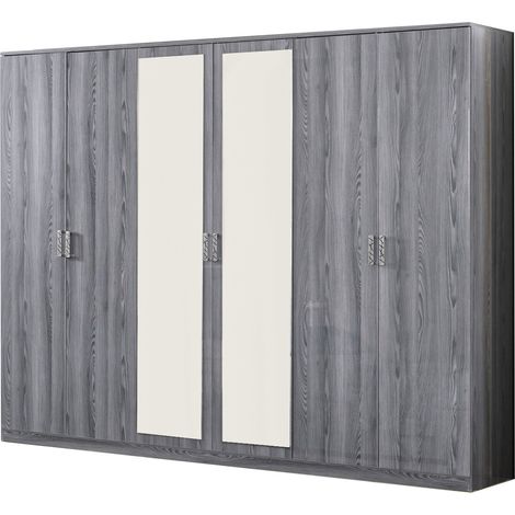 Grande armoire de chambre 6 portes battantes bois chêne grisé Nikoza 116cm (1/4)