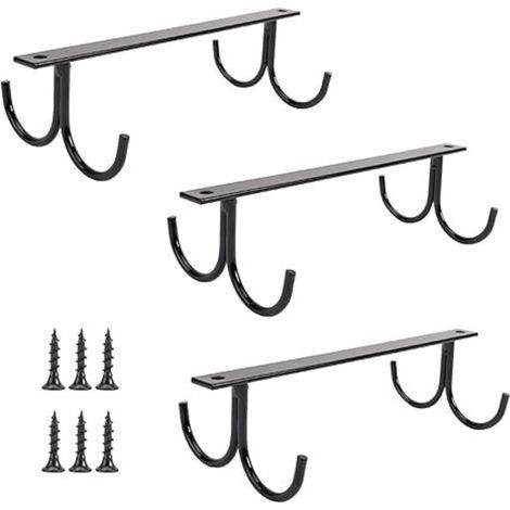Set of 3 rustic under-cabinet cup holders, under-shelf cup holders with 12 hanging hooks for cups, coffee mugs and kitchen utensils (black) (1/5)