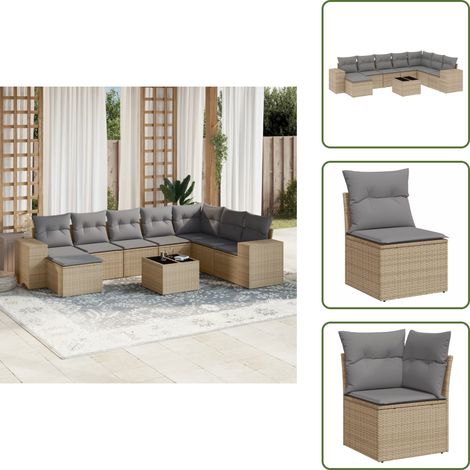 The Living Store 9-tlg. Garten-Sofagarnitur mit Kissen Beige Poly Rattan - Gartenmöbel Set - Esszimmergarnitur Outdoor - Rattan Möbel - Lounge Garnitur - Gartenlounge (1/5)