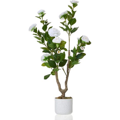 Albero di camelia artificiale, pianta dall'aspetto realistico, vaso elegante, 90 cm, bianco (1/2)