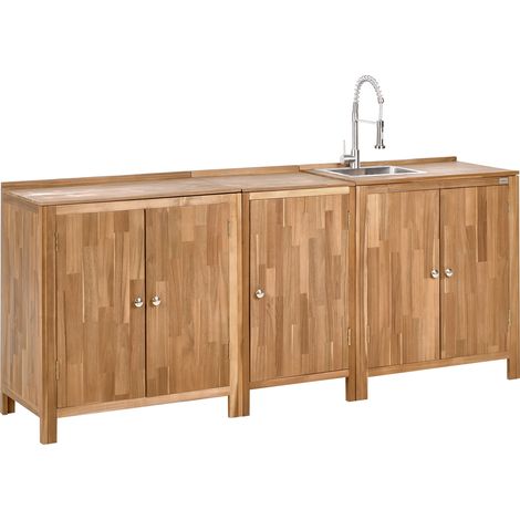 Conjunto de 3 armarios de cocina exterior de madera de acacia con fregadero y grifo estantes encimera de madera maciza acero inoxidable marrón y plateado Venosa