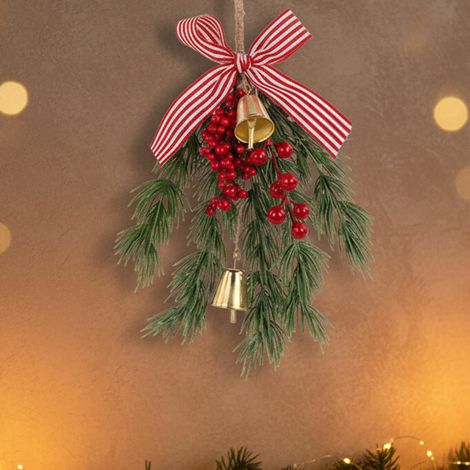 Rametto con fiocco a righe e bacche rosse per decorazioni natalizie -h 19 cm (1/4)