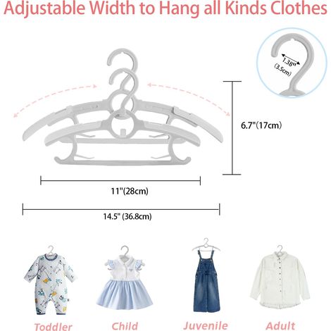 Lot de 10 cintres télescopiques pour vêtements de bébé en plastique, réglables de 28 à 36,8 cm, couleur grise, antidérapants, extensibles, pour vêtements de nouveau-nés, garçons et filles (1/4)