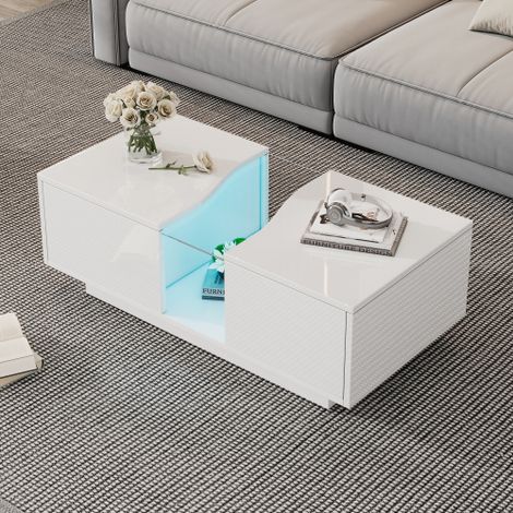 Table basse blanche brillante à LED, table d'appoint avec 2 tiroirs et plateau en acrylique, 100x50x35 cm