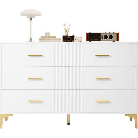 Kommode mit 6 Schubladen und Erhöhten Füßen, Gerillte Front, für Schlafzimmer und Wohnzimmer, aus MDF, 120×40×76 cm, Weiß (1/5)