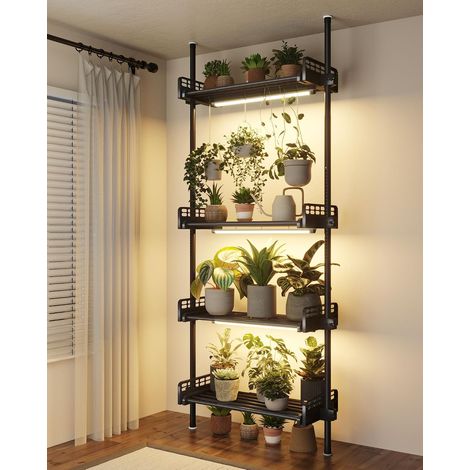 Support Plantes Interieur Étagère Plante Télescopique 4 Niveaux Fer Antirouille 110-300 cm Noir avec lampe pour plantes (1/5)