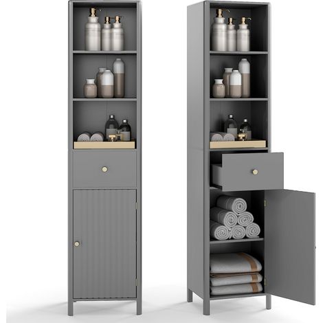 COSTWAY 170cm Tall Bathroom Cabinet Narrow Floor Cabinet w/Fluted Door-Grey