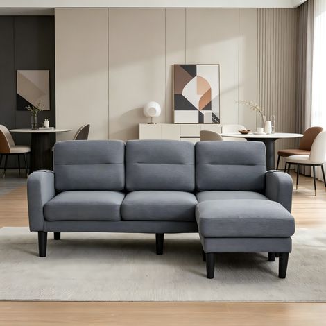 Sofá esquinero en L (204x136x80 cm), de 3 plazas con chaise longue, con bolsillos laterales, tejido gris (1/5)