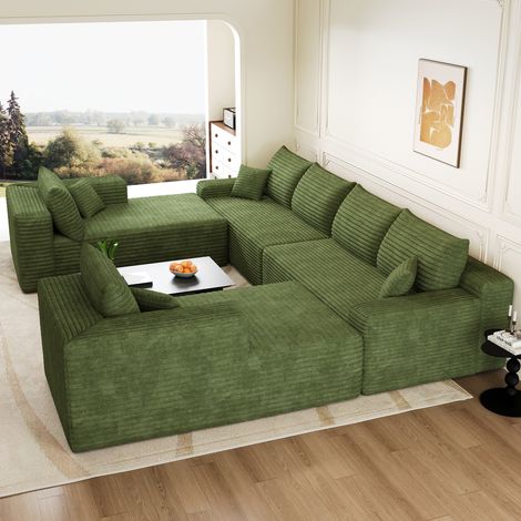 Ampio divano angolare modulare a U a 8 posti in velluto a coste verde,senza struttura rigida,con imbottitura in schiuma compressa,302x242 cm (1/5)
