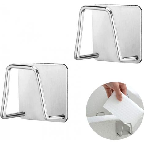 Lot de 2 porte-éponges sans perçage, pour évier de cuisine, avec crochets adhésifs muraux, en acier inoxydable 304 - argent
