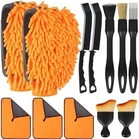 12 pcs Kit Nettoyage Voiture – 3 lingettes Microfibre, 2 Gants de Lavage, 7 Pcs Ppinceau Detailing Auto,kit Nettoyage Voiture Interieur (1/5)