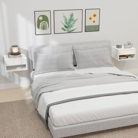 Set di 2 comodini a parete con cassetto, scomparto a giorno e vassoio, 37 x 32 x 21 cm, colore bianco. (1/5)