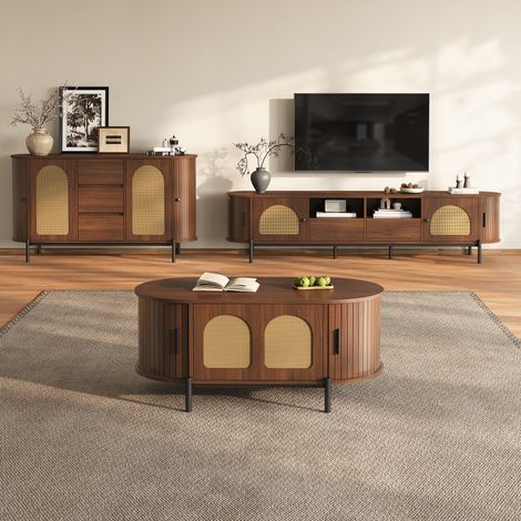 Conjunto de muebles de salón 3 piezas efecto nogal, puertas correderas de ratán, patas de metal y gran almacenaje (1/5)