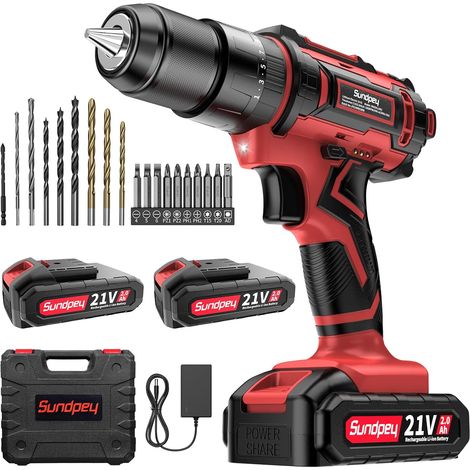 Sundpey Perceuse Visseuse Sans Fil - 21V Visseuse Devisseuse Sans Fil avec 2 Batteries 2,0Ah, 45Nm Perceuse Percussion, 25+3 Réglages de Couple, 2 Vitesses, 1600rpm Max, LED Light, pour la Bricolage (1/5)