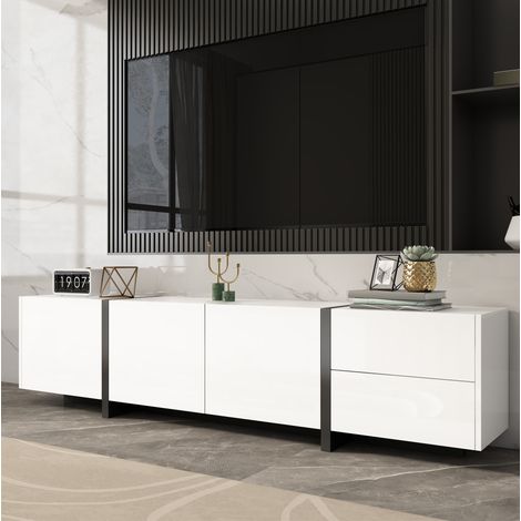 TV-Schrank aus Spanplatte, Weiß/Schwarz, 170 x 30 x 39 cm, Hochglanz-Fronten, 3 Türen, 1 Schublade, 1 Klapptür (1/5)