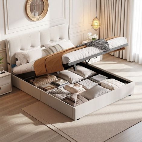 Cama doble - 160x200 - Cofre neumático - Cabecera capitonada de terciopelo beige - LED 9 colores