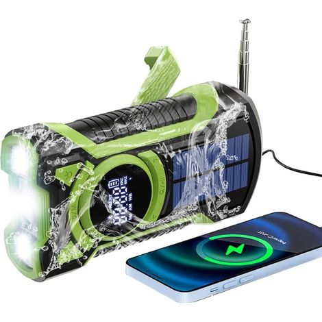 Radio d'urgence solaire à manivelle, autonome, avec lampe torche LED, alarme SOS, radio météo AM/FM, batterie intégrée de 5000 mAh, remontage manuel pour la charge d'urgence.