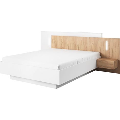 Letto Matrimoniale 160 con Contenitore e LED, Bianco / Rovere Craft Oro, 264,4 x 218,2 x 102 cm (1/4)