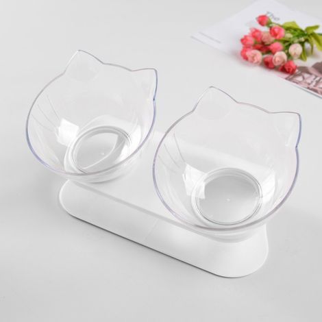 Comedero doble para gatos con soporte elevado, comedero para gatos domésticos, comedero inclinado a 15°, inclinado y antideslizante, protege las vértebras cervicales, comedero extraíble. (1/4)