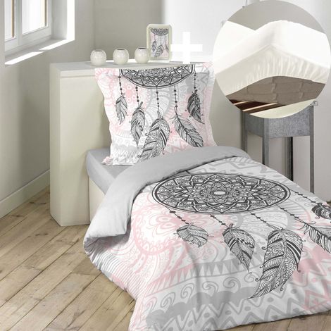 Pack parure de couette enfant 140x200 cm Namaste + drap housse 90x190 Blanc (1/4)