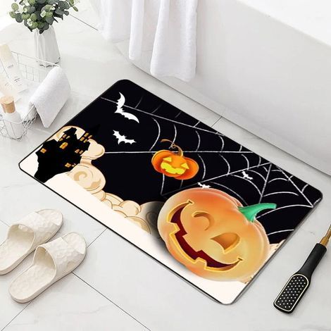FloHua - Liquidation de décorations d'Halloween - Tapis de sol d'Halloween - Tapis de salle de bain citrouille à séchage rapide - Décorations pour fête d'Halloween (1/5)