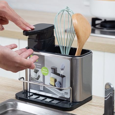 Organisateur d'évier en acier inoxydable - Support éponge et torchon - Égouttoir - Avec brosse - Distributeur de savon - Organisateur de comptoir - Rangement cuisine (1/5)